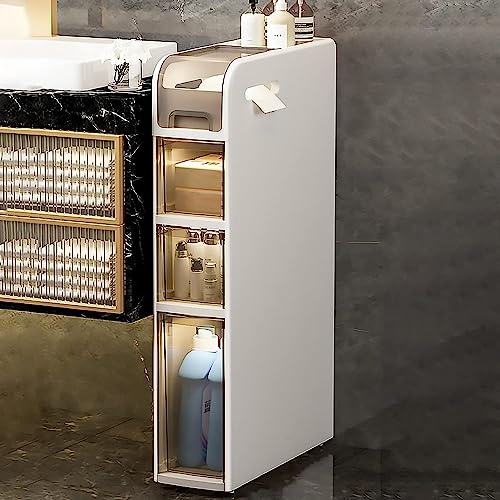 Armario de baño estrecho de 15 cm de ancho, con 4 niveles, cajones transparentes y ruedas, mango vertical estrecho para papel higiénico y espacios pequeños, torre de cajones de gran capacidad