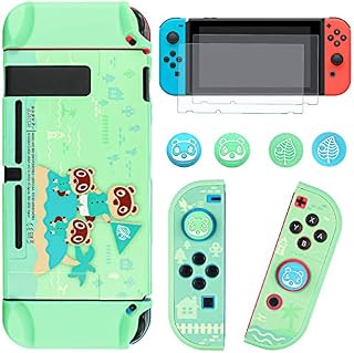 DLseego Protective Case Compatible with Switch, Hard Shell Split Design Anti-Scratch Shockproof Cover with 2 Tempered Glass Screen Protector and 4 Thumb Grip Caps for Switch Console-Animal Crossing