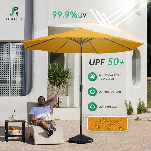 Image of JEAREY 9FT Outdoor Patio Umbrella Outdoor Table Umbrella with Push Button Tilt and Crank, Market Umbrella 8 Sturdy Ribs UV Protection Waterproof for Garden, Deck, Backyard, Pool (Bright Orange)