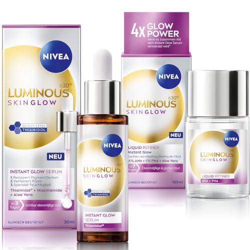 NIVEA LUMINOUS630 Skin Glow Set mit Serum und Liquid Refiner, leichtes Gesichtsserum und AHA Peeling für strahlende Haut, feuchtigkeitsspendende Gesichtspflege