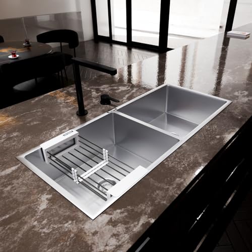 Image of Lorazzo Lustr Kitchen Sink 45x20 Inch - Silver | SS 304 Stainless Steel Double Bowl Kitchen Sink | Steel Sink for Kitchen with Strainer Basket, Waste Coupling & Pipe | 20-Year Warranty