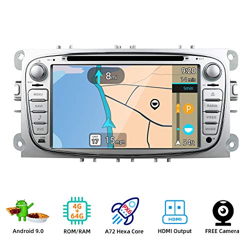 PX6 Android 9 Autoradio estéreo Compatible con Ford Focus/Mondeo/S-Max/C-Max/Galaxy - 4G+64G A72 Cortex - LIBRE Canbus & Cámara - WiFi BT-4.0 SWC HDMI 4K Video 4G DAB Mirror Link -GPS 2 Din 7 pulgadas
