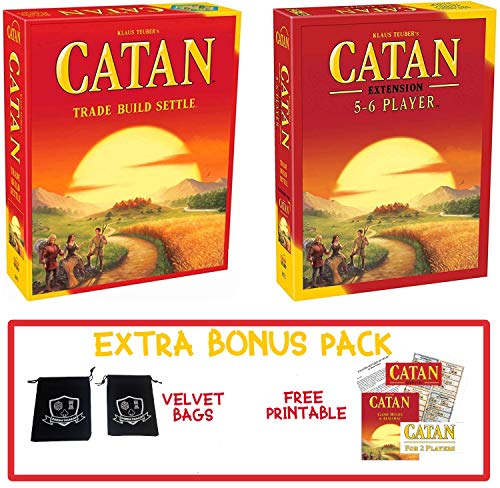 Catan Board Game Kit - Base 5th Edition Game and 5-6 Player Expansion Bundle with Drawstring Bags - Settlers of Catan - Fun for Family and 2-Player Download Rules