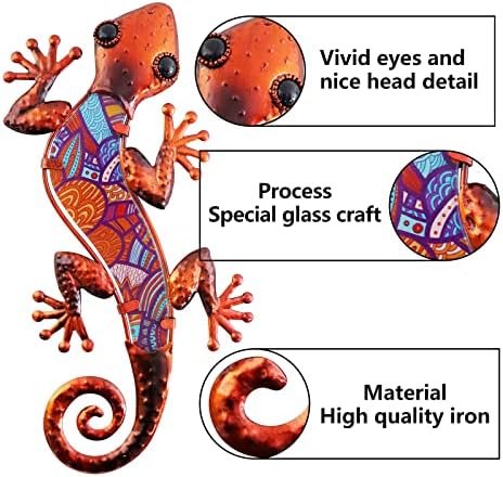 HONGLAND 2Pcs Metal Gecko Wall Decor Lizard Garden Art Color Hanging Glass Sculpture for Indoor Outdoor Patio Fence (Red), 12 Inch