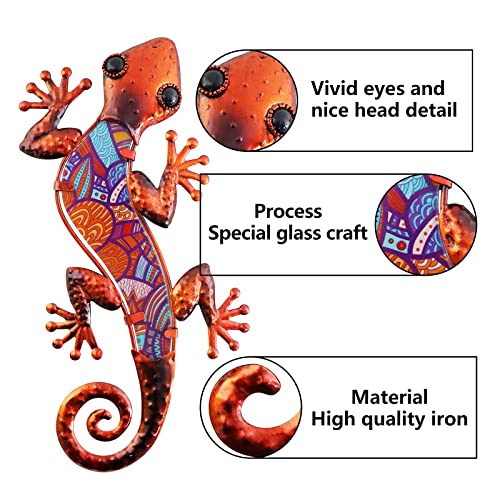 Hongland 2Pcs Metal Gecko Wall Decor Lizard Garden Art Color Hanging Glass Sculpture For Indoor Outdoor Patio Fence (Red) #TOP3