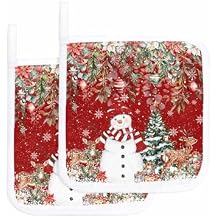 Red Snowman Christmas Pot Holders 2 Pack, Xmas Botanical Hot Pads for Kitchen with Hanging Loop, Balls Tree Elk Pot Holder Oven Hot Pad Washable Potholders for Cooking Baking 8.25"x8.25"