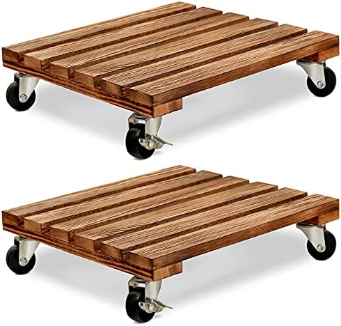 KarNeey 2 Pack Plant Caddy Wooden Plant Stand with Wheels 12 Inch Square Plant Roller with Metal Lockable Caster Wheels Heavy Duty Rolling Plant Stand Outdoor/Indoor Plant Dolly on Patio/Flower Pot