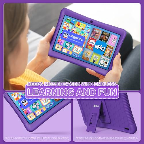 Image of Contixo K102 10 inch Kids Tablet Bundle - Wireless Kids Headphones, 32GB, Learning Educational Apps, Parental Controls, Dual Cameras, Shockproof Case with Kickstand & Stylus, Ages 3-7 - Purple