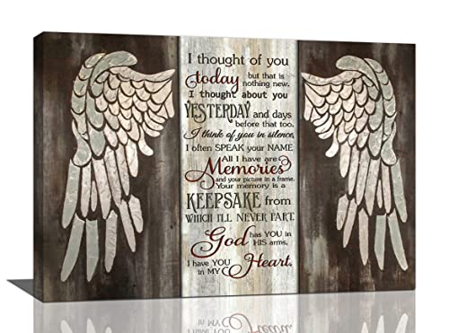 Angel Wings Wall Art Rustic In Memory Pictures Wall Decor Angel Wings I Thought of You Today Painting Prints Framed Artwork Ready to Hang 16"x24"