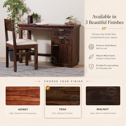 Image of NSH Solid Sheesham Wood Study Table with Chair | Wooden Writing Desk with Drawer & Door Storage | Pre-Assembled Computer Desk Workstation for Home Office & Study Room | Teak Finish