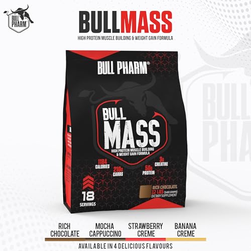 Image of Bull Mass Muscle Gainer Protein Powder | Increased Athletic performance | Strength | Weight Gain | Lean Muscle | FSSAI Approved (Rich Chocolate, 12 Lbs)