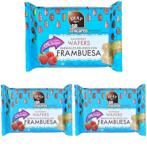 DIAT Radisson - Barquillos Rellenos con Frambuesa | Vegan y sin Azúcar Añadido | Barquillos de Frambuesa | Wafers con Frambuesa Sin Azúcares Añadidos Veganos (Paquete de 3)