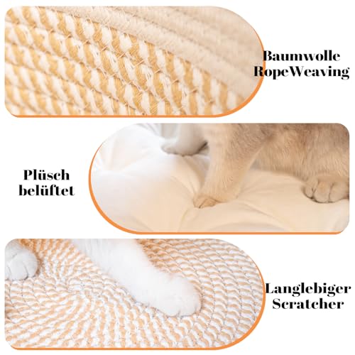 CheerPals Katzenbett mit Kissen, 47cm Waschbar Katzenkorb aus Baumwollseilen geflochten, zum Schlafen für Alle Katze, All Season Universal