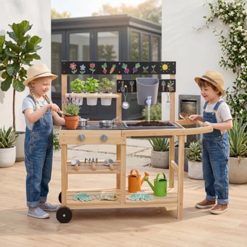 GLACER Mud Kitchen for Kids Outdoor, Fir Wood Mud Table with Wheels — view 8