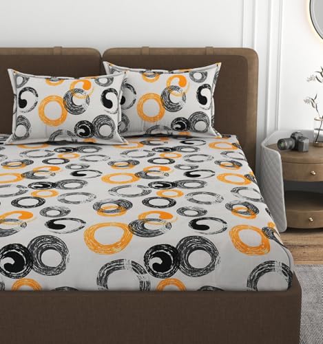 Image of VOMZER 320 TC Cotton Feel All Around Elastic Printed Fitted Queen Size Bedsheets, Supersoft Elastic Fitted Double Bedsheet with 2 Pillow Covers, Size 60x78x8 Inches, YELLOW Circle