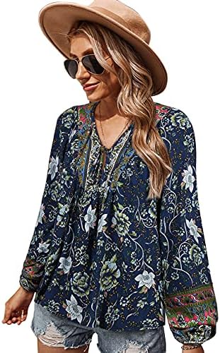 KAYWIDE Women's Casual Boho V Neck Top Loose Floral Printed Long Sleeve Beach Shirts Blouses (Navy, Large)