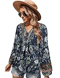 KAYWIDE Women's Casual Boho V Neck Top Loose Floral Printed Long Sleeve Beach Shirts Blouses (Navy,