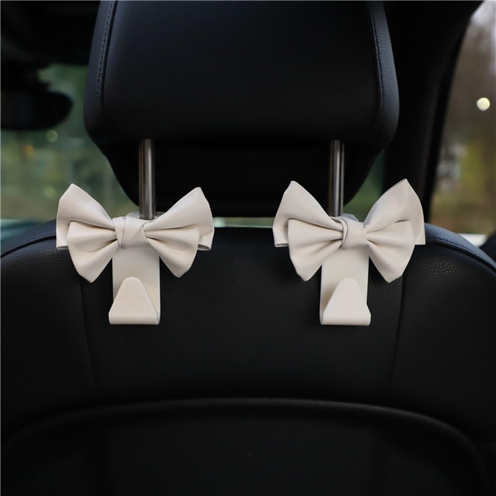 SANZEZ COOLive 2PCS Purse Holder for Car Hooks for Purses and Bags Cute Bow Car Seat Headrest Hooks for Car Purse Hook Hanger (White)