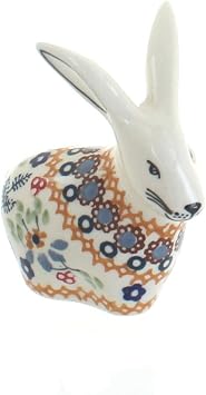 Blue Rose Polish Pottery - Red Daisy Rabbit Figurine - 3.5" Tall - Perfect for Home Decor, Unique Gift for Animal Lovers & Collectors