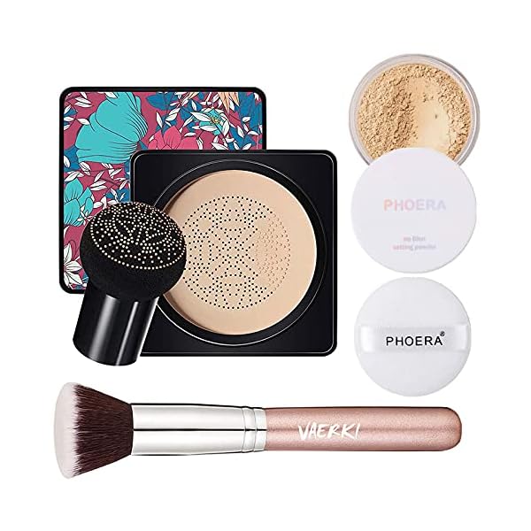 Air-Cushion-CC-Cream-Mushroom-Head-Foundation-Moisturizing-BB-CreamNaturalLoose-PowderCool-Beige-02-Foundation-Brush-By-Vaerki Vaerki Air Cushion CC Cream Mushroom Head Foundation, Moisturizing BB Cream(Natural)&Loose Powder(Cool Beige #02) &Foundation Brush