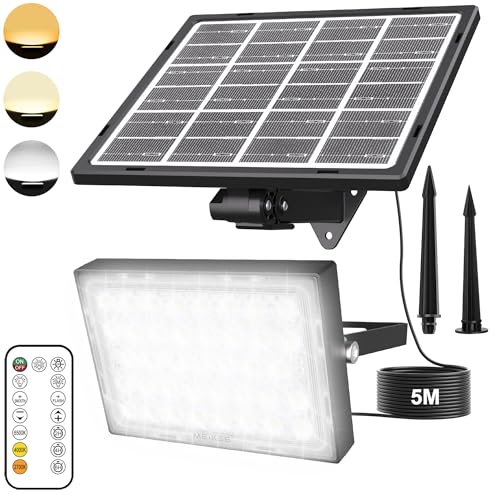 MEIKEE Faretto Solare LED da Esterno con Telecomando, Luce Led con Pannello Solare 5000mAh, 3 Modalità/3 Luminosità/3 Colore Regolabili, IP66 Luci Solari con 5M Cavo per Giardino Garage Terrazze