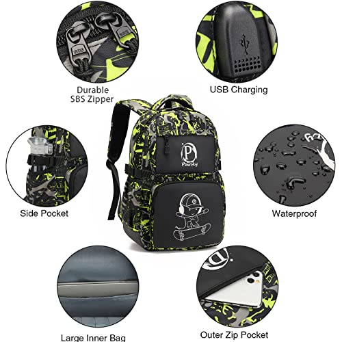 Pawsky Skateboard Anime Luminous Backpack School Backpack With Usb Charging Port For Teen Boys, College School Bookbag Lightweight Laptop Bag With Sling Bag Set, Green #TOP2