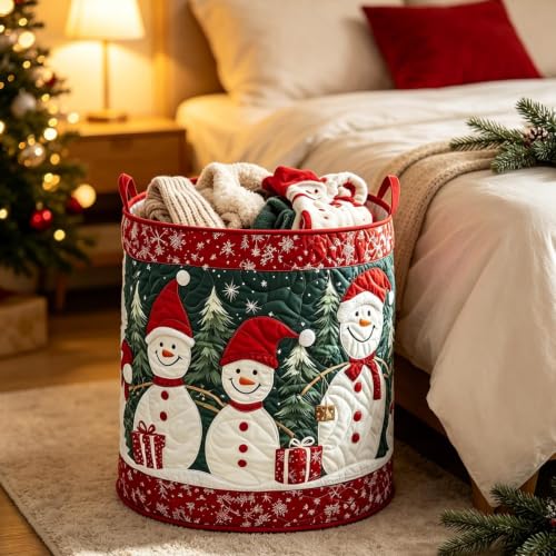 Christmas Large Capacity Laundry Basket with Handles 14x14x18in | Christmas Snowman Quilted Fabric Hamper for Clothes Blankets Holiday Clothes Organizer Storage Container for Bathroom Bedroom - image 6