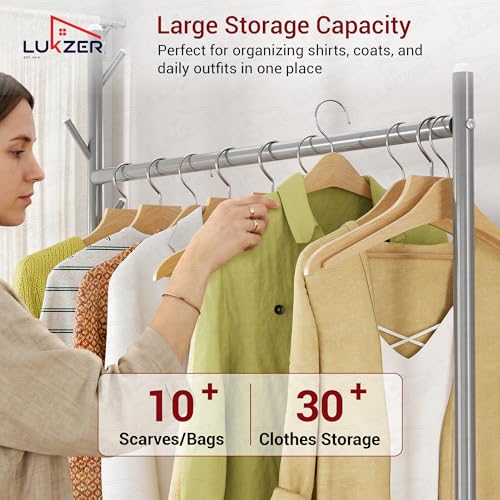 Image of Lukzer | MGR-002 | Grey | Metal Cloth Stand & Garment Rack with Wheels, 2 Bottom Shelves & Single Rod - Space-Saving Clothes Organizer for Bedroom, Bathroom, Office & More | 173 x 90 x 34 cm