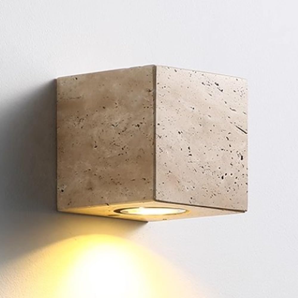 SXWNBIFH Square Cubic Stone Sconce 3.9" Wabi Sabi Wall Lamp Natural Travertine Lampshade, Japanese Style Stone Lighting Fixture for Hallway Bedroom Bathroom Living Room Entryway