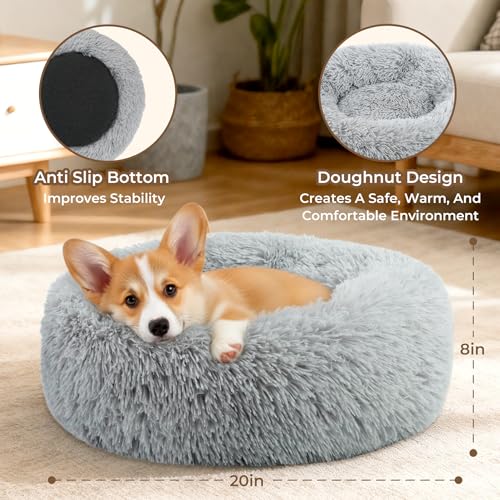 Calming Anti-Anxiety Donuts Dog And Cat Bed, Round Fluffy Soft Washable Small Medium Pet Bed For Puppy And Kitten, Cuddler Warming Comfortable Cushion, Luxury Anti-Slip Waterproof Mute Base 20in Gray - Image 3