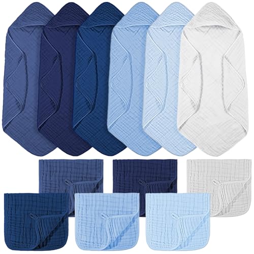 Image of VitalCozy 12 Pcs Baby Muslin Hooded Bath Towels and Washcloths, Muslin Hooded Baby Towels Absorbent Blankets for Gift Newborn Infant Shower (Blue Style)