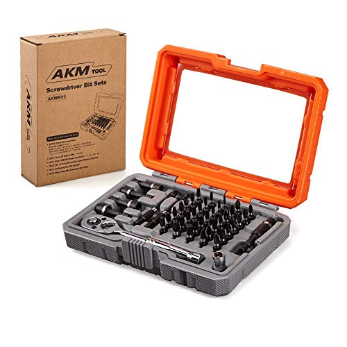 AKM Screwdriver Bits Set with Mini Ratchet,Impact Ready S2 Alloy Steel Hex-Torx-Philips-Pozidrive-Square Quick Release Shank Bits Magnetic Extension Bit Holder with Mini 1/4' Ratchet 44 In 1