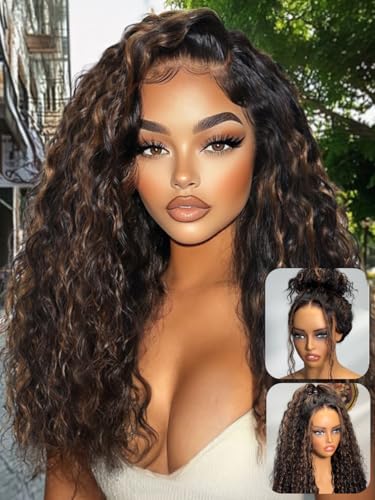 UNICE Bye Bye Slip Glueless Water Wave Human Hair Wig Golden Brown Highlight, 7x5 HD Lace Front, Pre-Plucked, Pre-Cut Lace, Bleached Knots, Ready to Wear Drawstring, 150% Density 18 Inch