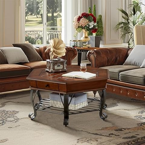 DS-HOMEPORT Retro Hexagon Wood Coffee Table with Wood Top, 2 Tier Mid-Century Coffee Table with Drawer ＆ Metal Leg, Vintage Coffee Table for Living Room (Only Coffee Table, 40x40x19 in) Cover