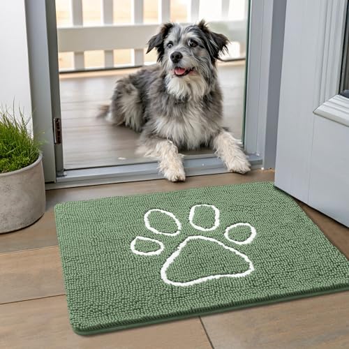 Image of Smiry Dog Door Mat for Muddy Paws, Absorbent Dirt Trapper Non Slip Quick Dry Washable Chenille Mat for Mud Dogs, Entry Rug for Indoor and Outdoor (24x16 Inches, Olive Green and White)