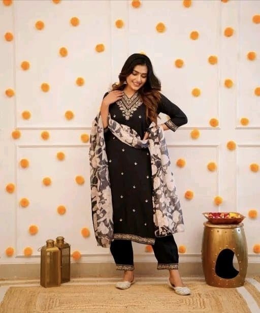 Image of Women's Viscose Rayon Kurta, Pant & Dupatta Set Embroidered Work V Neck 3 /4th Sleeves Straight Salwar Suit Dupatta Set || Comfortable Outfit For Wedding