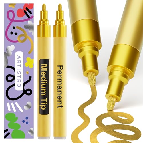ARTISTRO 2 Gold Permanent Marker - Waterproof Markers for Tire Fabric Rocks Glass Ceramic Wood Paper - Oil Based Paint Pens - Medium Tip 3mm