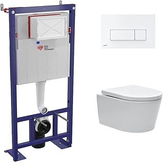 Set Swiss Aqua Technologies Hänge-WC Komplett-Set Smart-SATrimless-4 | Spülrandlose Toilette unsichtbare Befestigung | Robuste freistehende Halterkonstruktion | Softclose Sitz | Edle Betätigungsplatte