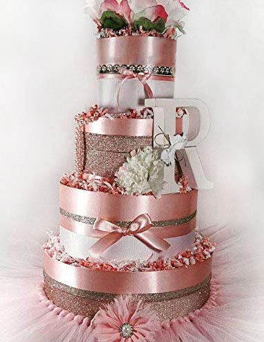 4 Tier Pink and Gold DIAPER CAKE gold tiara pink tutu white hair bows