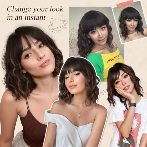 Image of Nnzes Wig with Bangs for Women Shoulder Length Bob Wavy Women's Charming Synthetic Brown mixed Blonde Highlight Wigs with Natural Curly Heat Resistant Hair for Daily Party Use