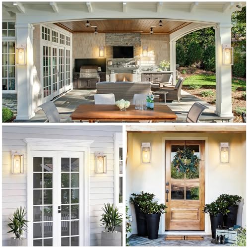 Image of Outdoor Wall Light Fixtures, Rustic Exterior Wall Sconces, 2-Pack, 12 In | Outside Light Fixtures with Tempered Glass for Porch, Garage, Patio, Anti-Rust White Hand-Brushed, Wood-Grain, Waterproof