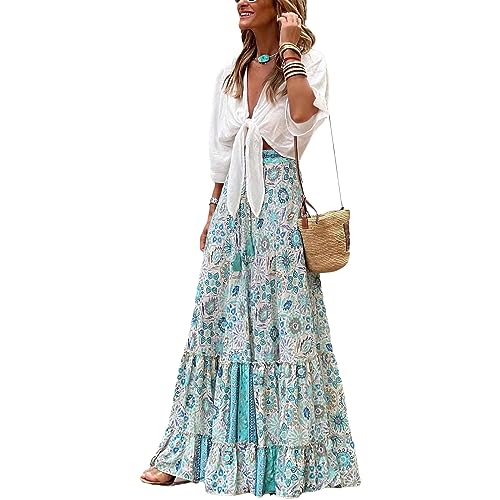 Women Flowy Boho Maxi Skirt Floral Print Pleated Ruffle Casual Long Skirt Beachwear Aesthetic Clothes2