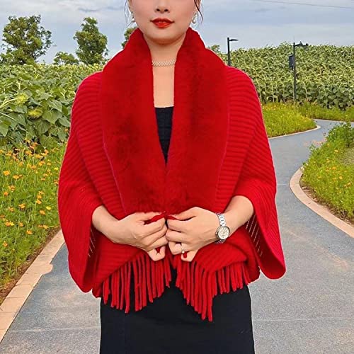 Knit Fringe Cape Shawl Fur Collar Cape, Ladies Knitted Loose Thickened Shawl, Shawls and Wraps for Evening Dresses2