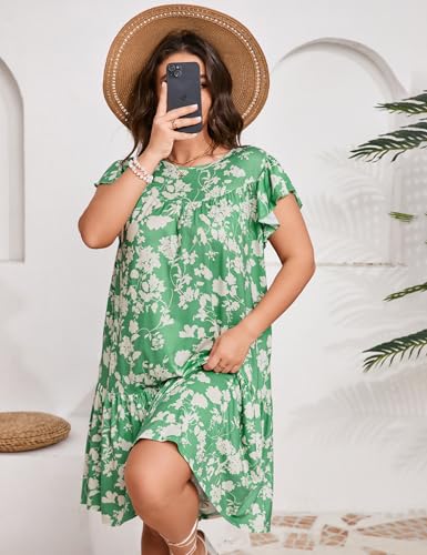 Image of ShopWonder Womens Plus Size Dress Crew Neck Ruffle Sleeve Casual Swing Flowy Tiered Midi T Shirt Dresses with Pockets