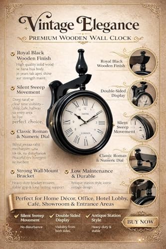 Image of Double-Sided Wall Clock | 12 Inch Roman Numeral Hanging Station Clock with Wooden Bracket | Antique Home & Cafe Decor (Black)