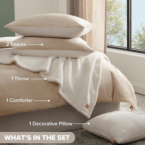 Image of UGG Remina Comforter Set 5 Piece Bed in a Bag with Throw Blanket, Decorative Pillow, Shams, and Reversible Comforter Hypoallergenic Washable Luxury Warm Fluffy Bedding Set, Full /Queen, Brown Birch
