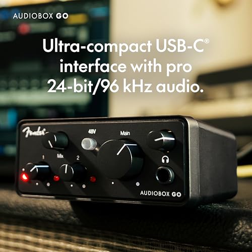 Image of Fender AudioBox GO USB Audio Interface, for Guitarist, Vocalist, or Producer. Includes easy to use software, Fender Studio app, Amp and FX pack to create Studio Quality recordings. PC /Mac | 6-Month Fender Studio Pro Trial, 1 Xlr Combo, 1 Hi-Z Input, Plus 48V Phantom, USB-C Bus-Powered