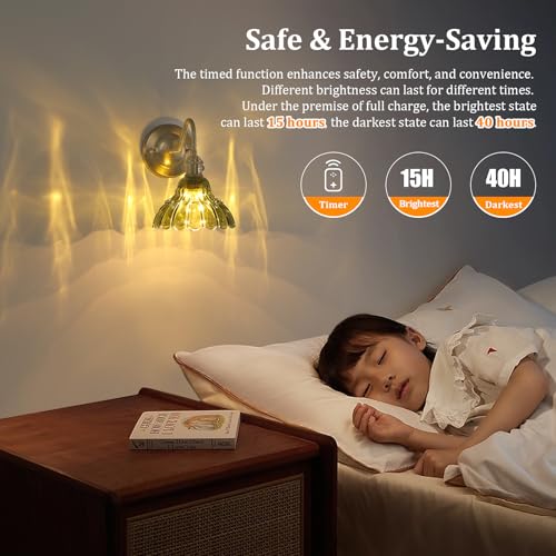 Image of Shenmoyl Battery Operated Wall Sconce Set of 2, Vintage Rechargeable Wall Lights with Green Lily Glass Shade, Wireless Indoor Wall Lamp with Remote for Bedroom Living Room Bathroom