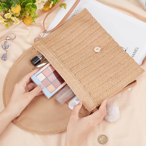 Image of GORGECFAFT Straw Shoulder Bag Straw Bag Clutch Crossbody Woven Wicker Clutch Bag with Two Balls Woven Purse Summer Beach Envelope Clutch Straws Wallet Rattan Bag for Women Travel Holiday