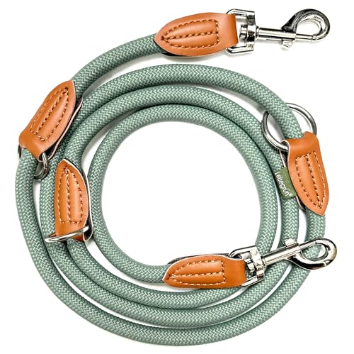 Leisegrün Verstellbare Hundeleine 2m | Freihand & 3fach verstellbar | Nur 260 g leicht | Für große Hunde - Salbeigrün